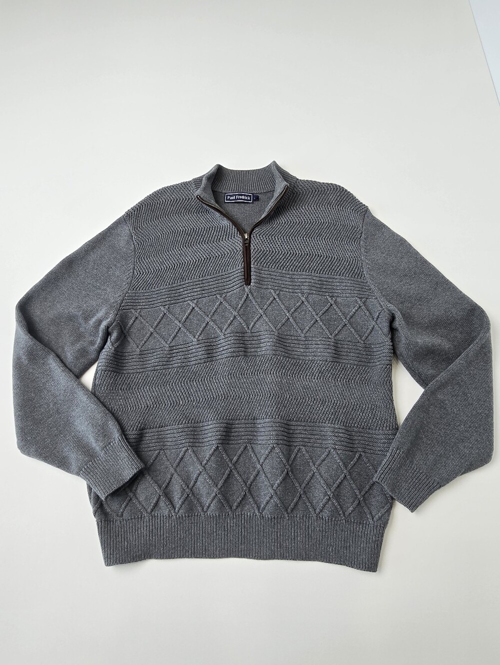 Paul Fredrick Men's Gray Cotton Textured Knit Quarter Zip Sweater Size L